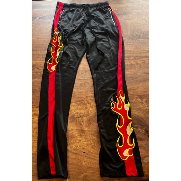 American Stitch Men's Track Pants Small Black Red Flames Drawstring Sweatpants - Picture 1 of 9